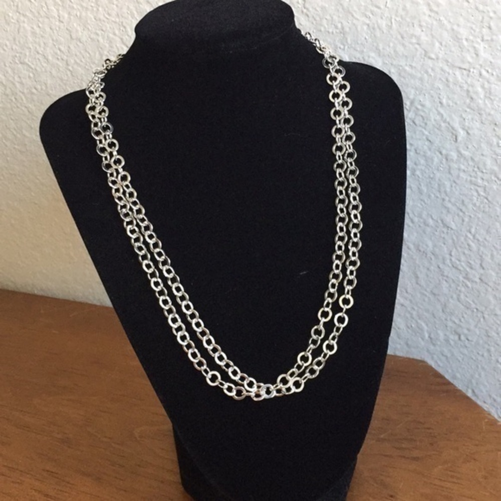 2/$49 Handmade Classic Metal Layered Dual Chain Necklace 19.5” Silver Plate